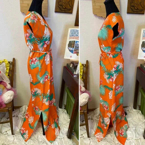 Waltah Clarke (?) “Kamaile” Vintage Hawaiian Shops Maxi Dress Orange 70s SMALL - Picture 2 of 15